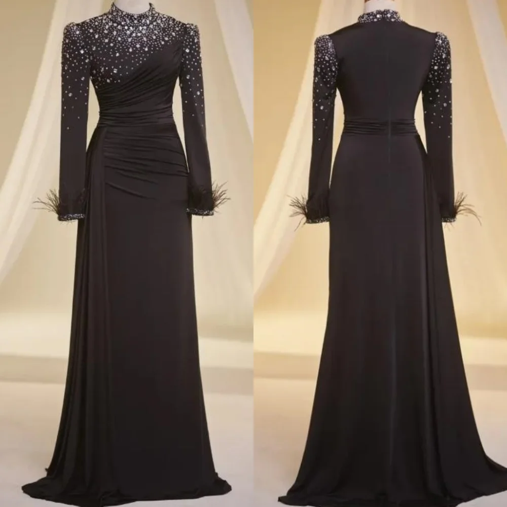 

Customized High Quality Exquisite Charmeuse Rhinestone Feather Straight High Collar Long Dresses Bespoke Occasion Dresses Retro