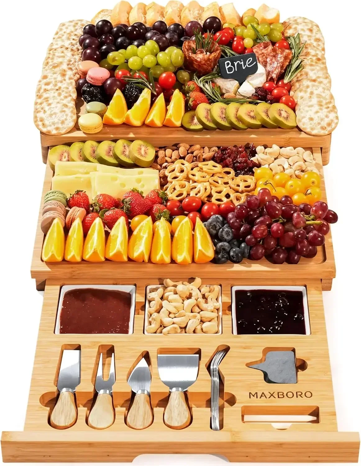 

Extra Large Bamboo Charcuterie Board Set with Knives and Accessories, Perfect for Parties and Gifting