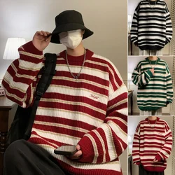 Lazy Retro Striped Sweater Men Women Autumn Winter Thick Knit Casual Embroidered Knit Pullover Sweater Jacket Couple