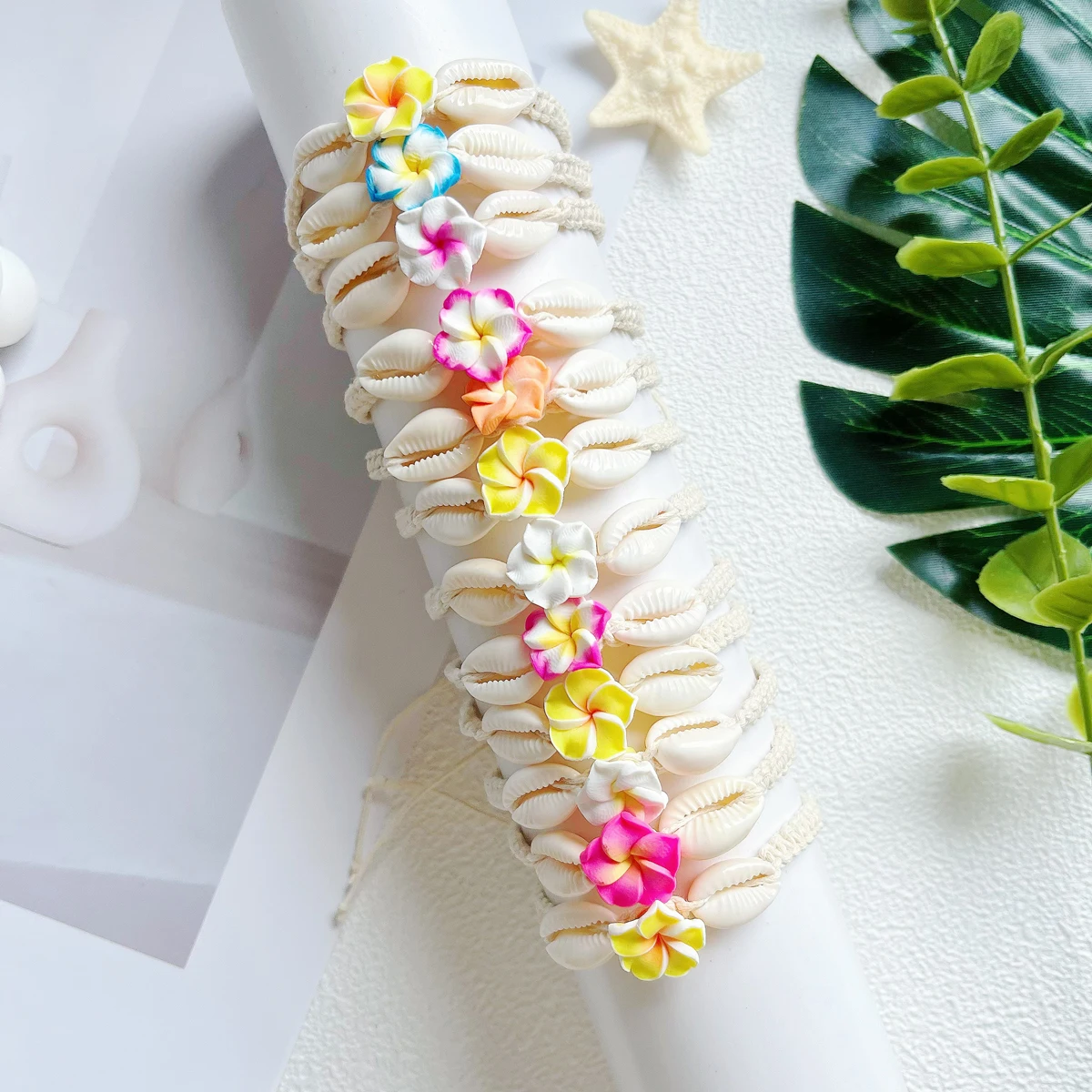 Soft Clay Flower Shell Bracelet for Women, Beach and Surfing Vacation Style, Adjustable Woven Bracelet, Best Selling, 12-Piece S