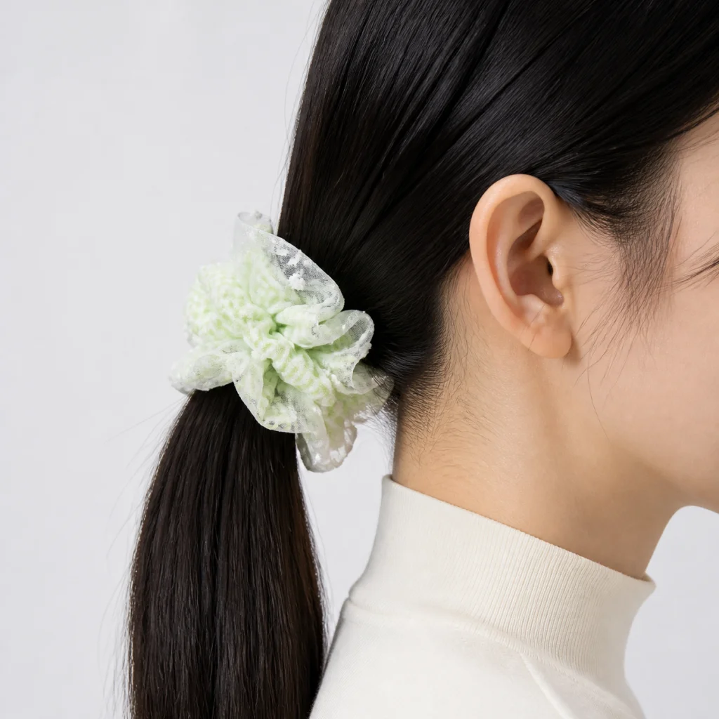 Spring Green Gingham Dotted Organza Ruffle Single-Layer Scrunchie Handmade Hair Tie