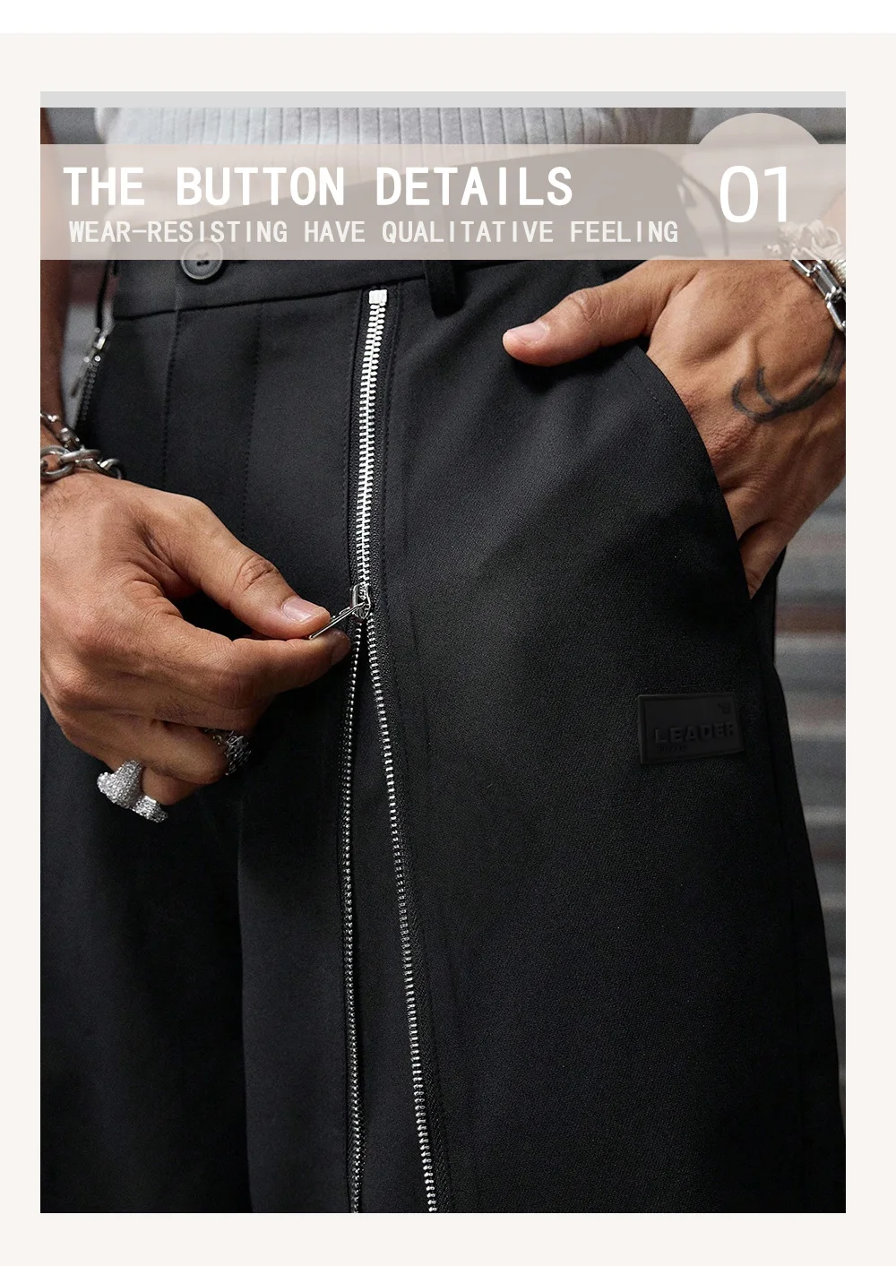 Frühling/Sommer Herren Einfarbige Gewebte Hose, Reißverschluss-Dekor, Hohe Taille, Locker Geschnittene Weite Beine, Lässige & Formelle Anzughose für den Täglichen Arbeitsweg – Detail 3