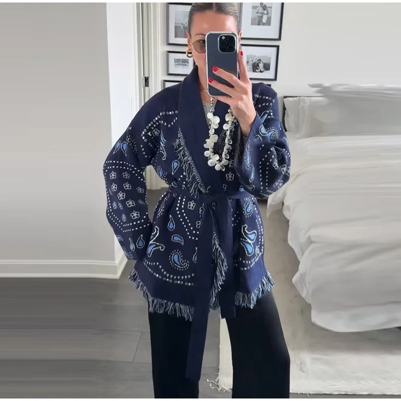 2026 Printed Cardigan Women Geometric Patterns Belts V-neck Long Sleeve Knitted Street Lady Sweater  Autumn Coat