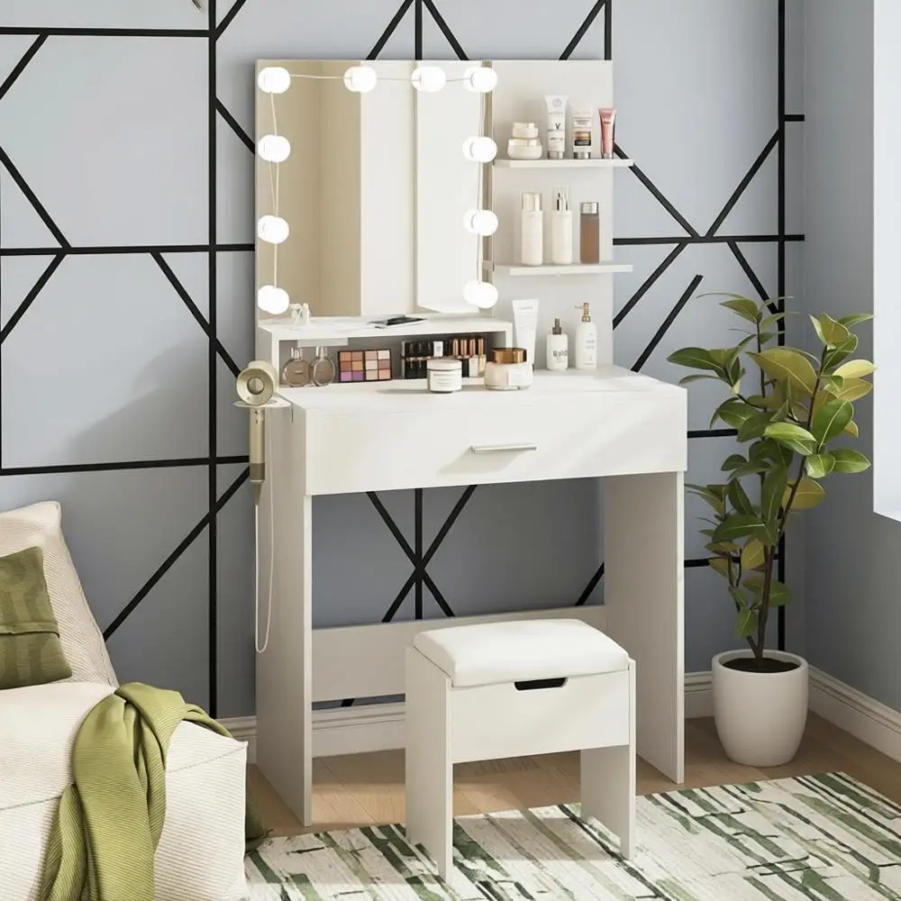 مكتب زينة مكياج مضيء مع أدراج، سطوع قابل للتعديل، أبيض، وكرسي تخزين #1