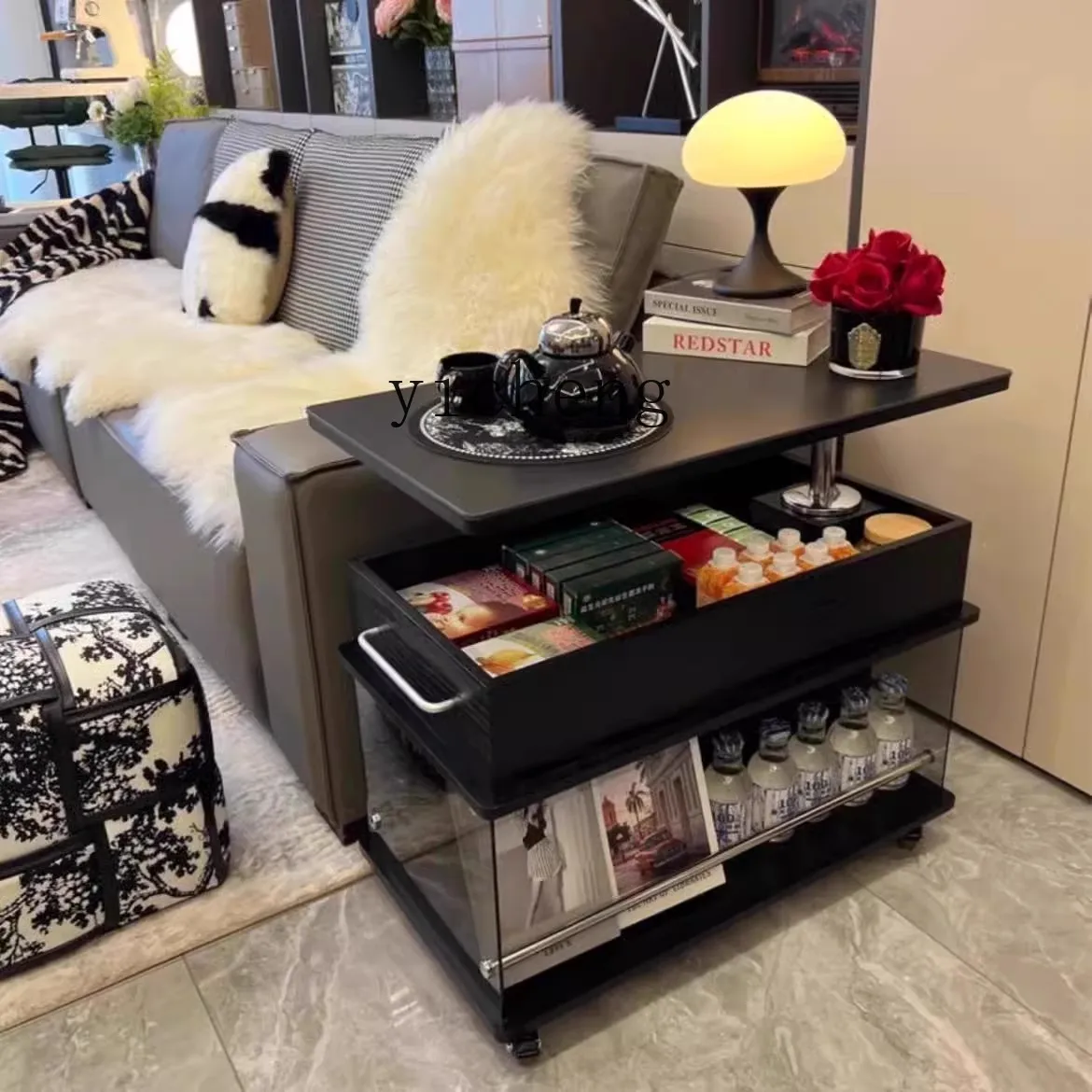 

LSL side table liftable movable rock slab coffee table living room black trolley folding sofa