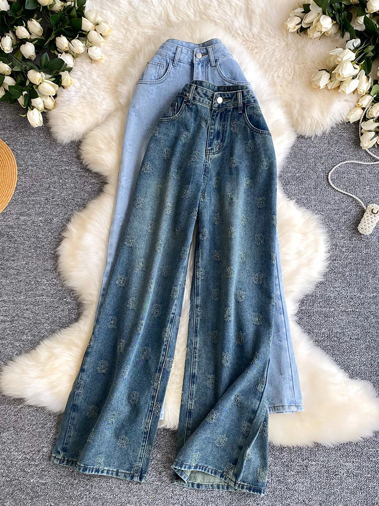 

Американские ретро-джинсы с высокой талией и широкими штанинами для женщин, весна 2026, новые, приталенные, с вышивкой, универсальные, прямые брюки