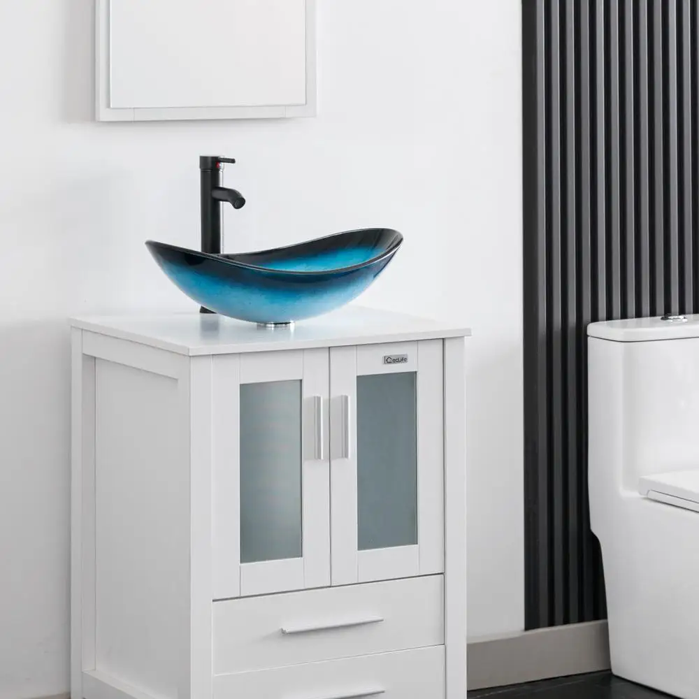 Modern Artistic Blue Boat Tempered Glass Vessel Sink Vanity Combo Pop Up Drain & Faucet Included 21.5