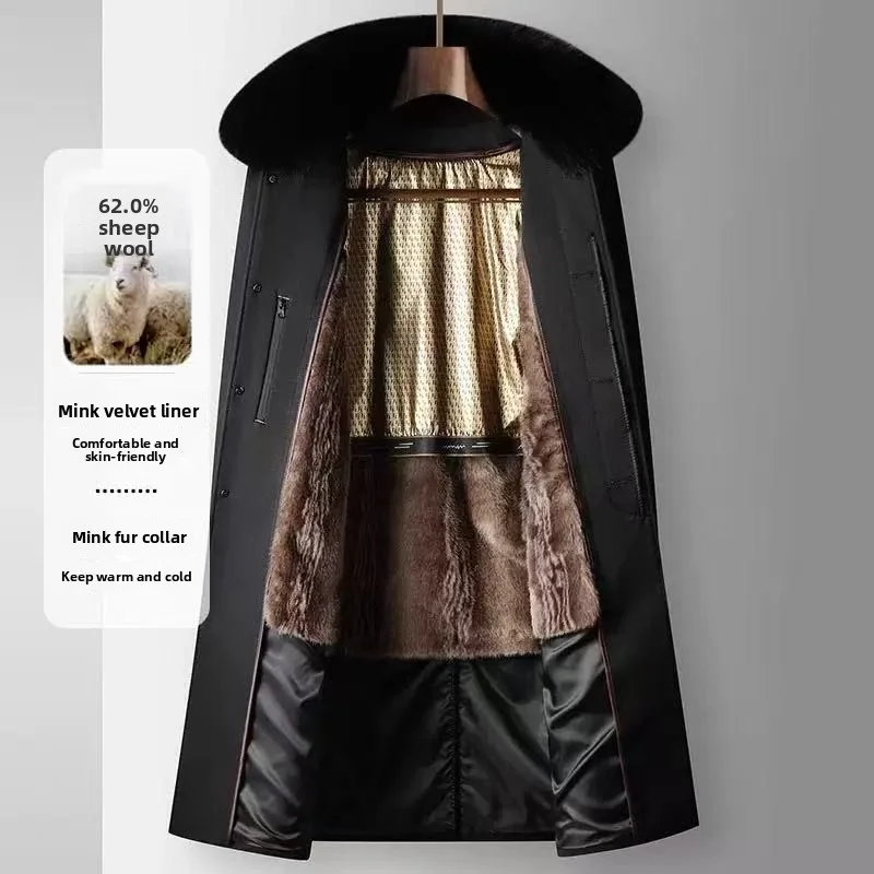 2025 شتاء جديد الرجال فطيرة التغلب على معطف الركبة طويلة فرو المنك طوق انفصال فرو المنك بطانة داخلية الأعمال باركر معطف