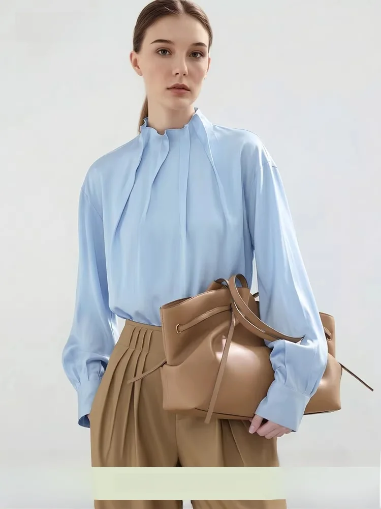 

Ele Chic Spring New Sle Women's Chiffon irt Stand Collar Long Sve Commute Sle Gathered oulder Drop adows