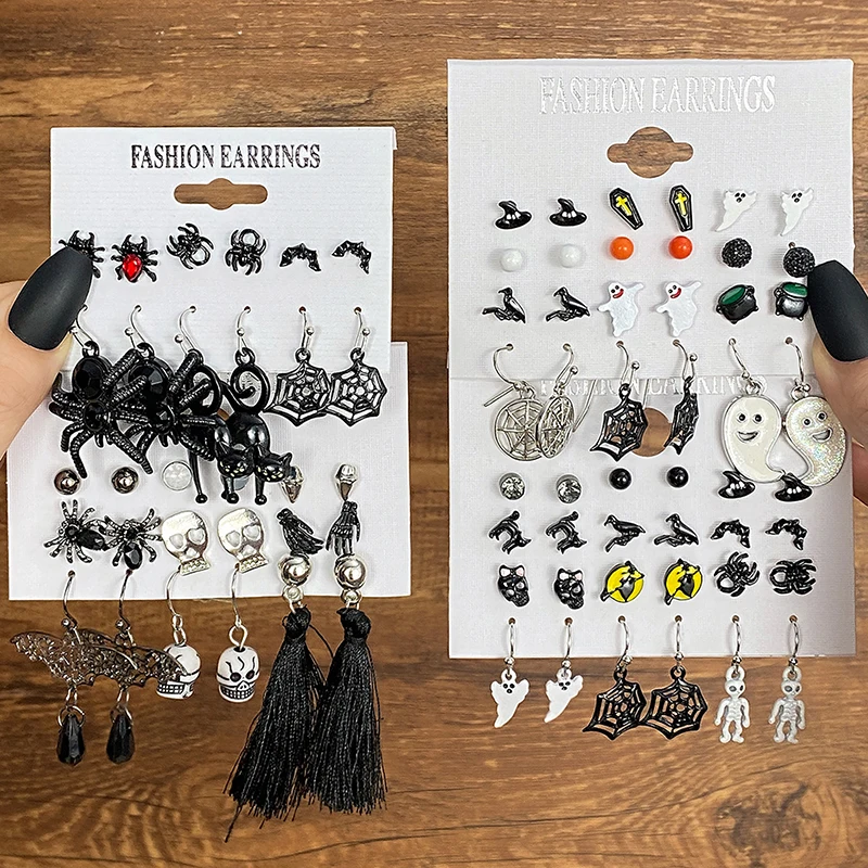 1Set Halloween Series Earrings Women Skeleton Ghost Cross Pendant Ear Studs Gothic Multi-Pack Earring Trendy Funny Jewelry Set