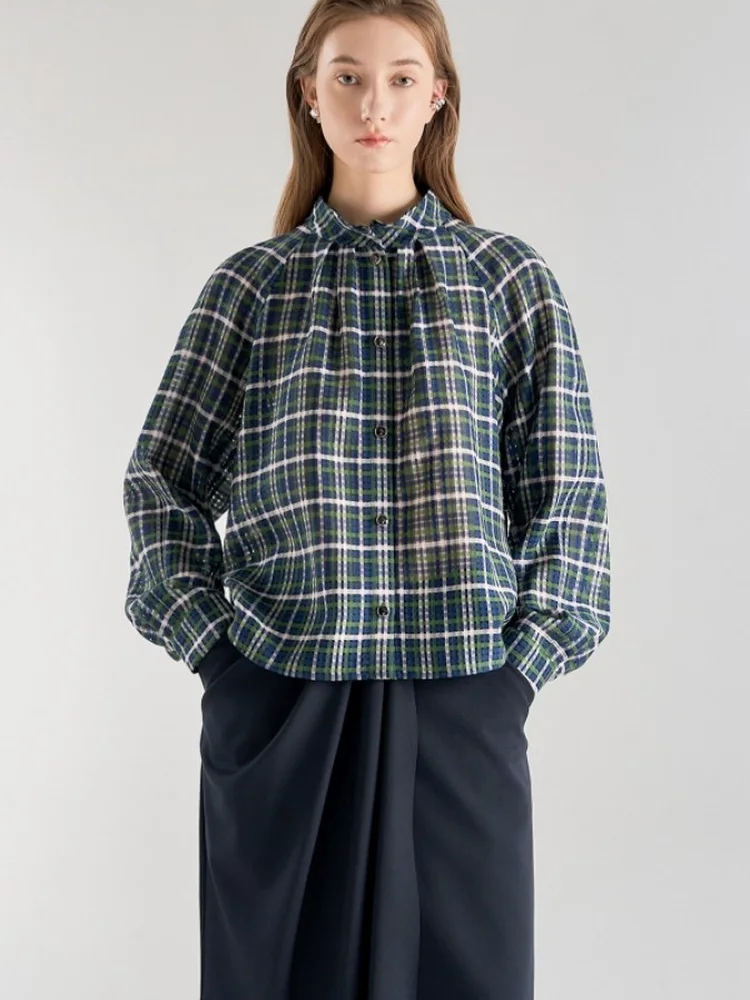 

Рубашка в клетку в корейском ретро-стиле с рукавами-фонариками и воротником-стойкой, свободного кроя, из дышащего хлопка, для повседневной носки (женская)