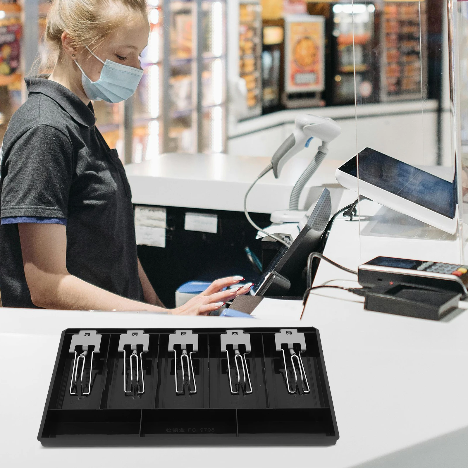 Multi-Compartment Cash Drawer Tray 3 Bill 3 Coin Slots Cashier Organizer for Retail Store Supermarket Money Storage Stand