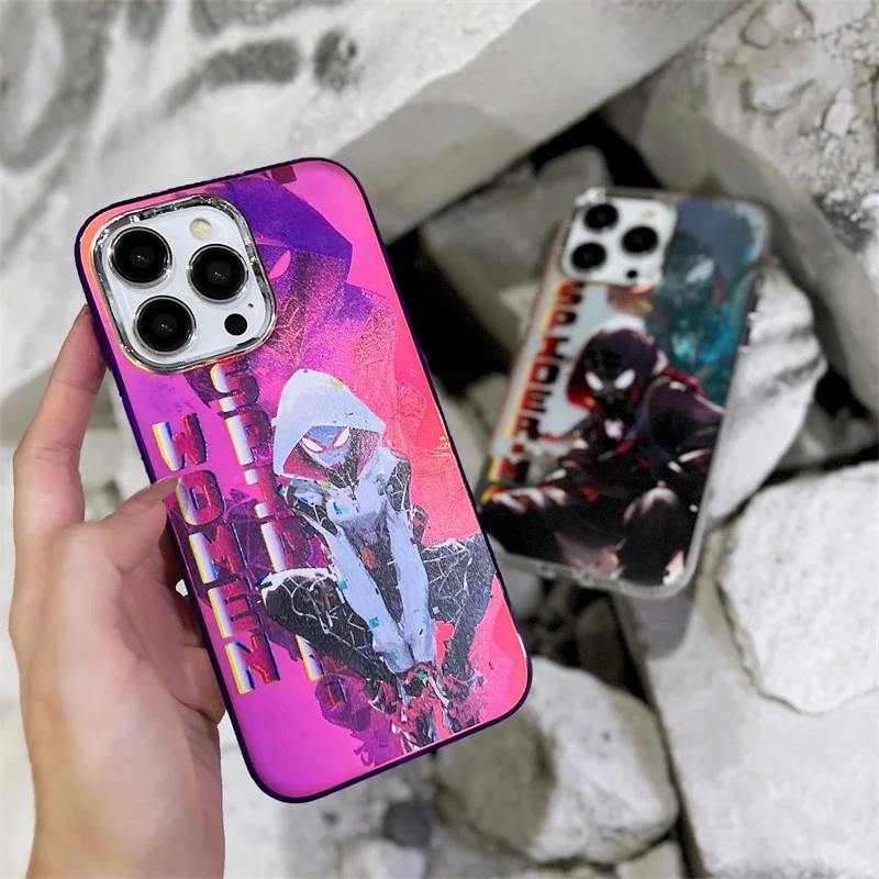 Cartoon Anime S-Spiderman Fluorescence Phone Case For iPhone 15 14 13 12 11 Pro Max Laser Plating Shockproof Funda Back Cover