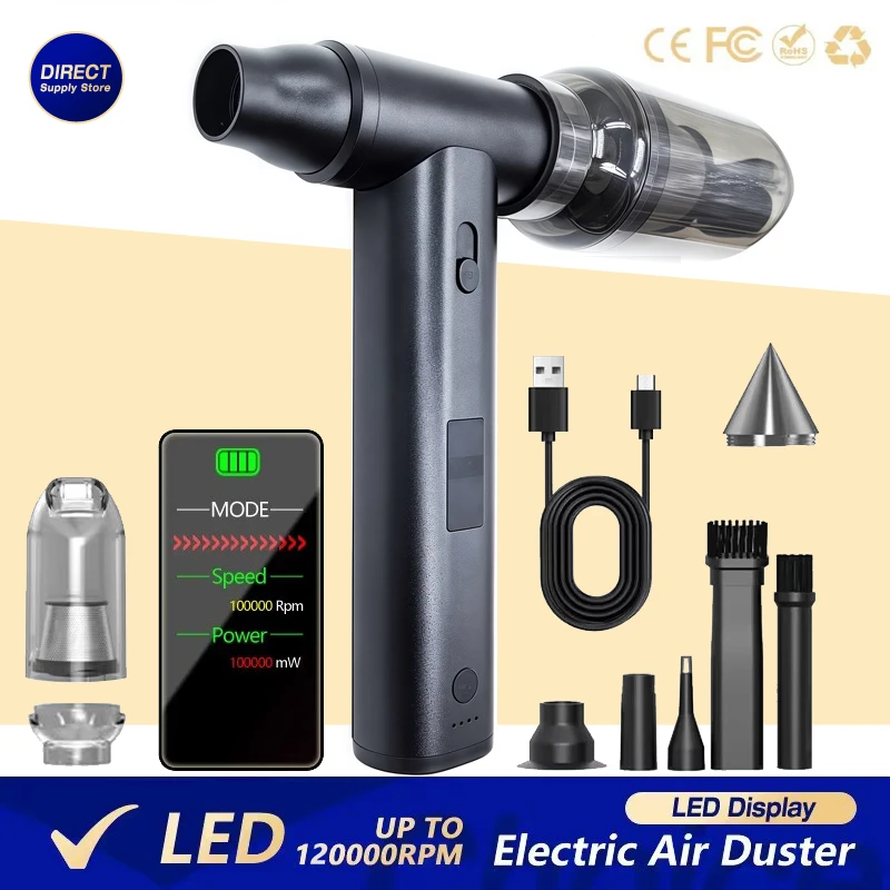 مروحة نفاثة بدون فرش بشاشة LED - منفضة هواء كهربائية لإزالة الغبار والثلج ولوحة المفاتيح والسيارة والكاميرا - منفاخ توربو محمول باليد #1