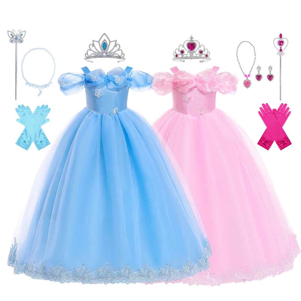 Cinderella Blue Pink Dress Girl Carnival Party Gown Cosplay Costumes And Accessories Summer Clothing Kid Birthday Princess Dress