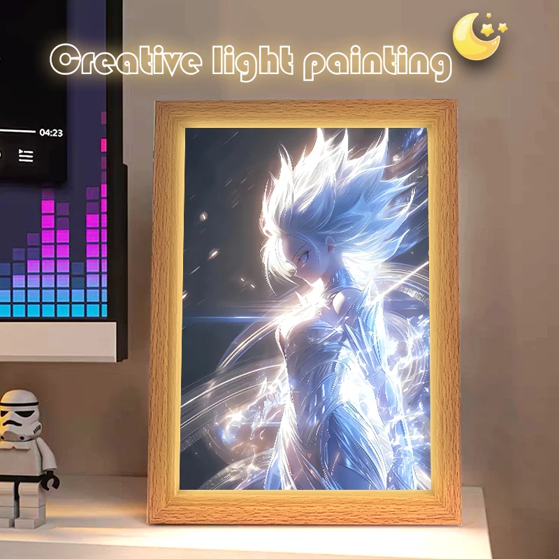 ของขวัญตกแต่งห้องนอนลายตัวละครอนิเมะดราก้อนบอล โคมไฟภาพวาดกรอบรูปไฟ LED สำหรับสาวไซย่า