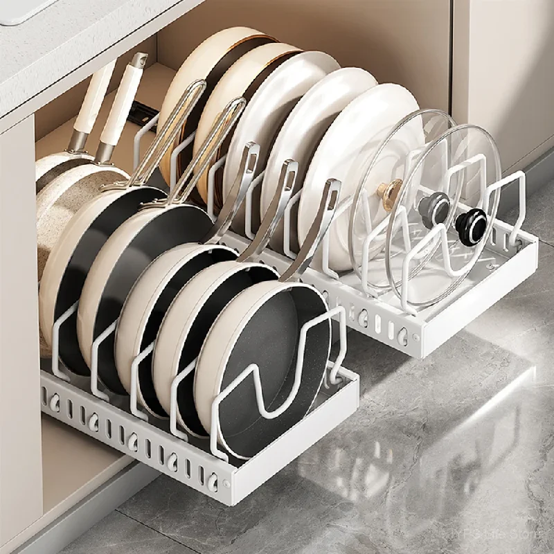 Under Cabinet Sliding Pots and Pans Organizer - Pull Out Kitchen Storage Tray with 8 Adjustable Dividers for Lids and Cookware