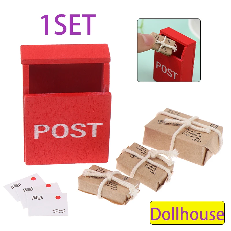 1Set 1:12 Dollhouse Miniature Letter Box Red Mailbox With Mail Sack Postcard Fairy Garden Door Furniture House Decor Toy