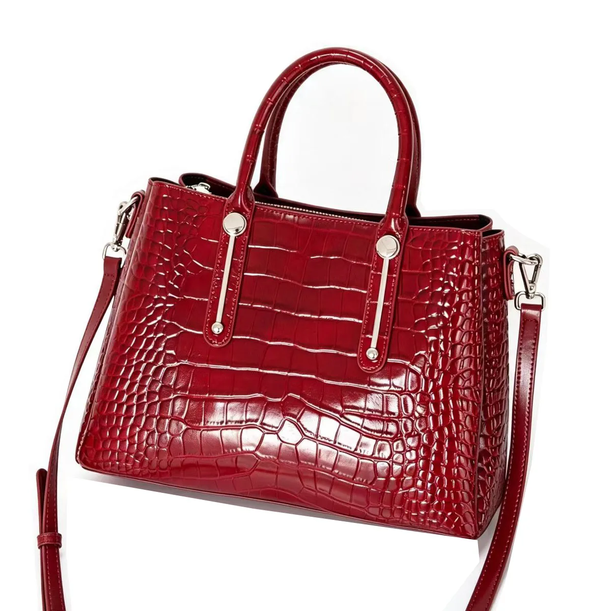 Women Crocodile Pattern Genuine Leather Handbag Retro Top Handle Tote Bag Detachable Cow Leather Crossbody Shoulder Purse