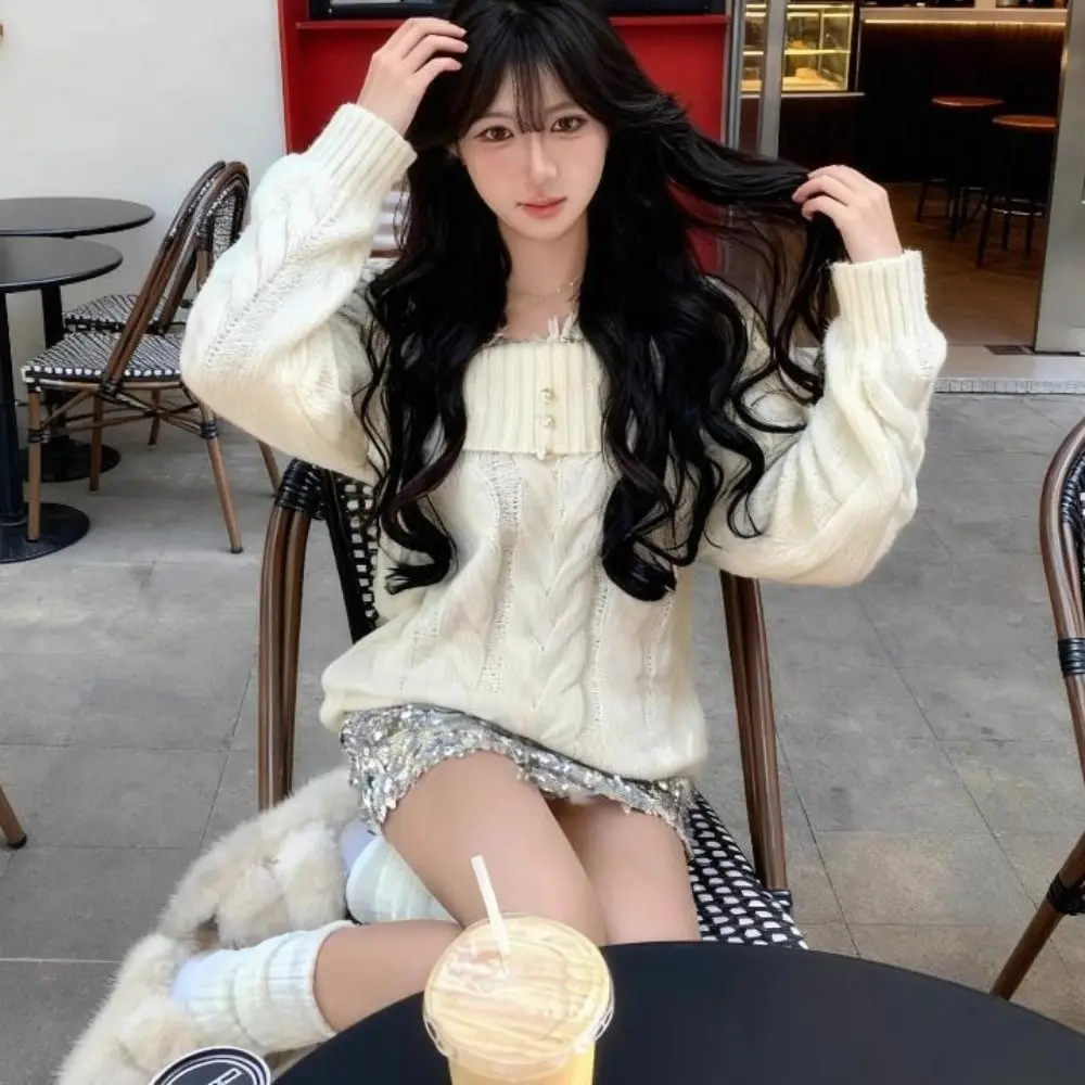 Lace Long Sleeved Knitwear Bottoming Shirt Loose Off Shoulder Sweater Top Pullover Spring Autumn Winter Knitted Top for Women