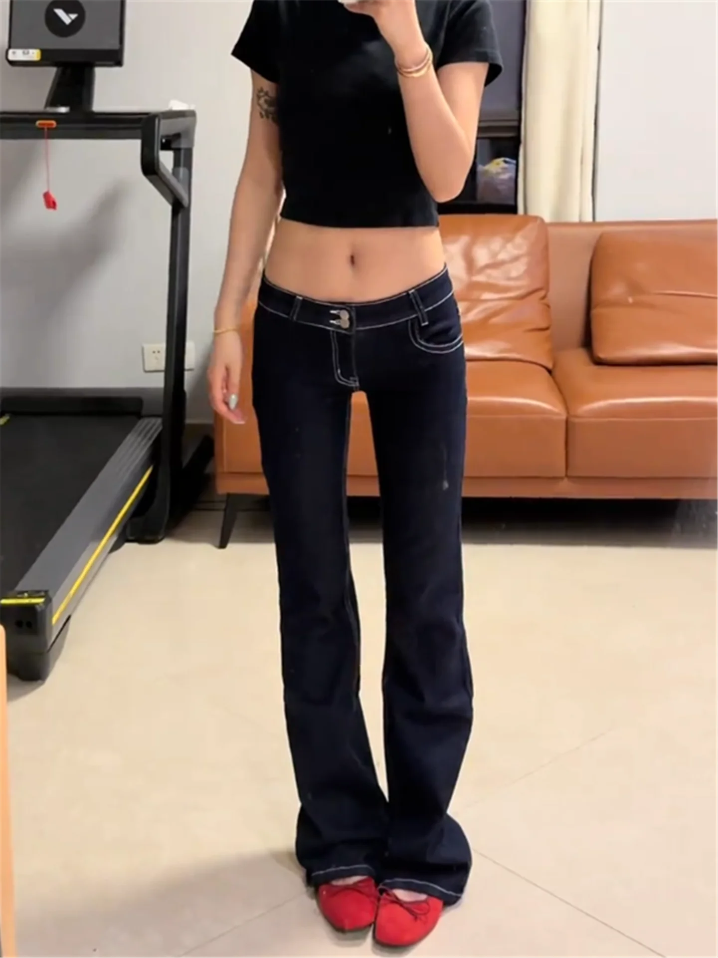 Retro American Hot Girl Low Waist Flared Jeans Women's Slimming Design Long Extra Length High Waist Cotton Casual Denim