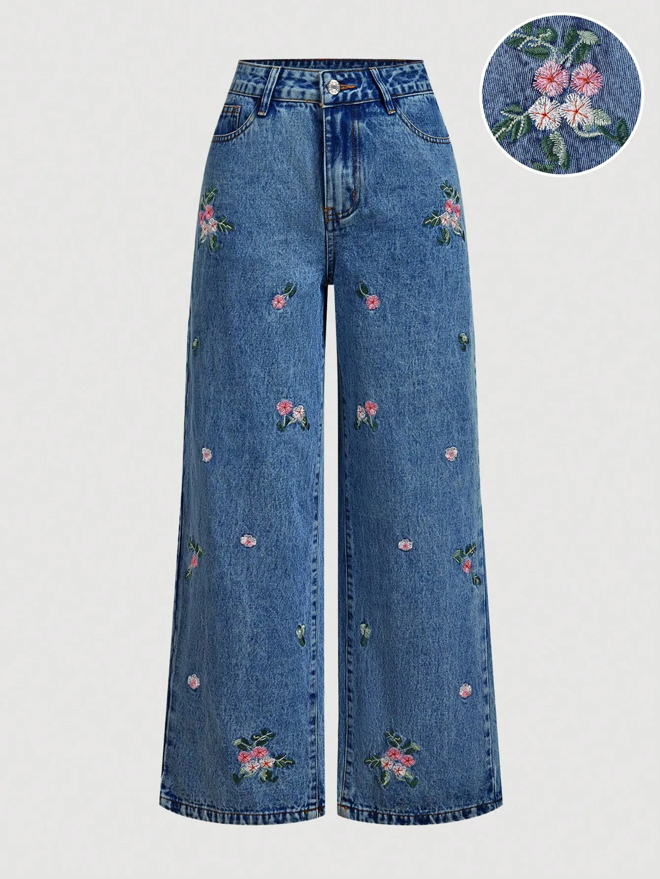 2026Autumn Denim Pant Women Jeans Vintage Wide Leg Long Pants Floral High Waist Straight Trousers Streetwear Elegant Work Casual