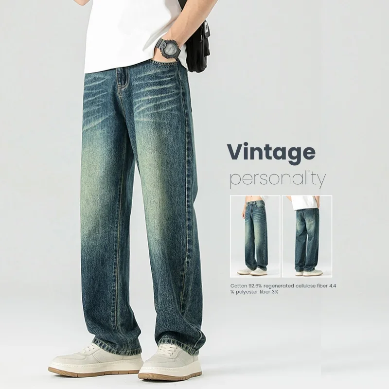 

Personality Men's Autumn Jeans Fashion Korean Loose Vintage Straight Trousers Comfort Casual Loose Wide-leg Denim Pants