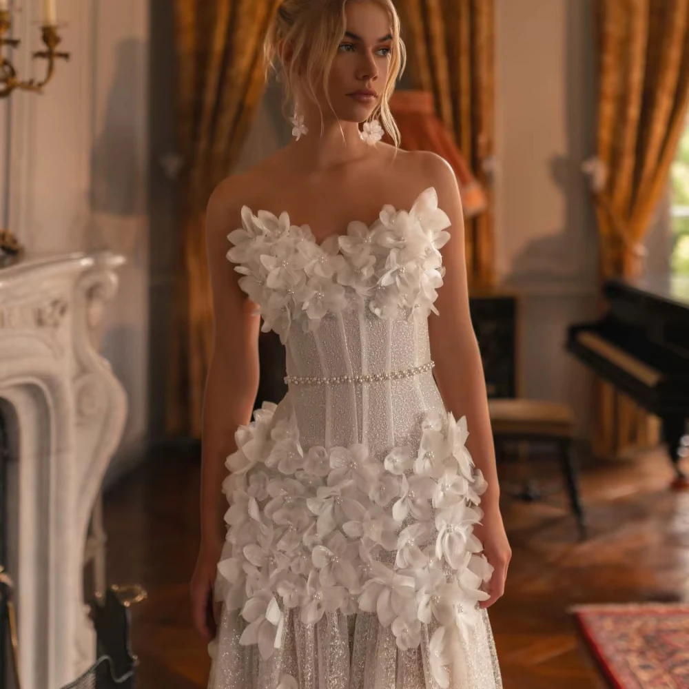 Aangepaste glitter 3D bloemen trouwjurk voor vrouw bruid elegante dromerige strapless bruidsjurk 2026 mouwloze bruidsjurk