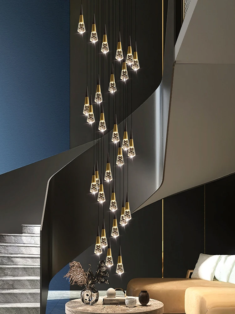 Crystals Staircase Chandelier Black Gold Hang Lamps Hollow Villa Living Room Led Ceiling Light Modern Tapered Tube Pendant Light