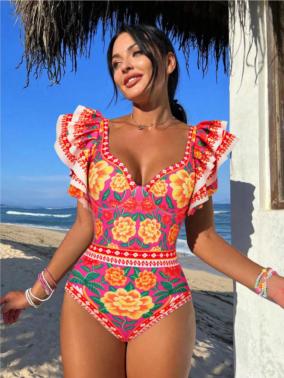 2024 New V Neck Ruffled Contrast Print One Piece Swimsuit Set Summer Swimwear Women Beachwear  Bathing Suit