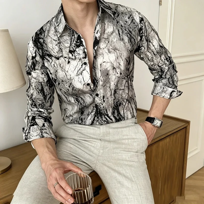 Men's Ink Marble Pattern Long-Sleeve Shirt, Fluid Diffusion Print, Slim Fit, Turn-Down Collar, Mature Casual Shirt