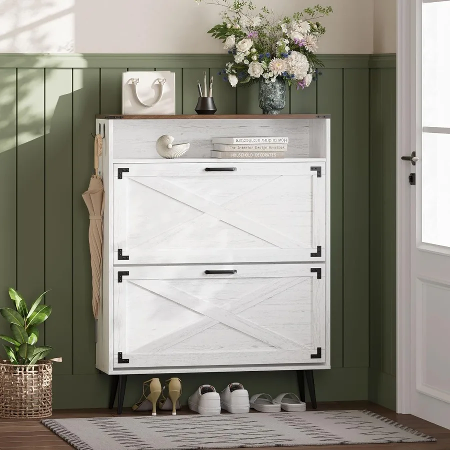 

Шкаф для хранения обуви с двумя откидными ящиками. Узкая полка для обуви. Дизайн фермерского дома. Отдельно стоящий органайзер для обуви с открытым хранилищем.