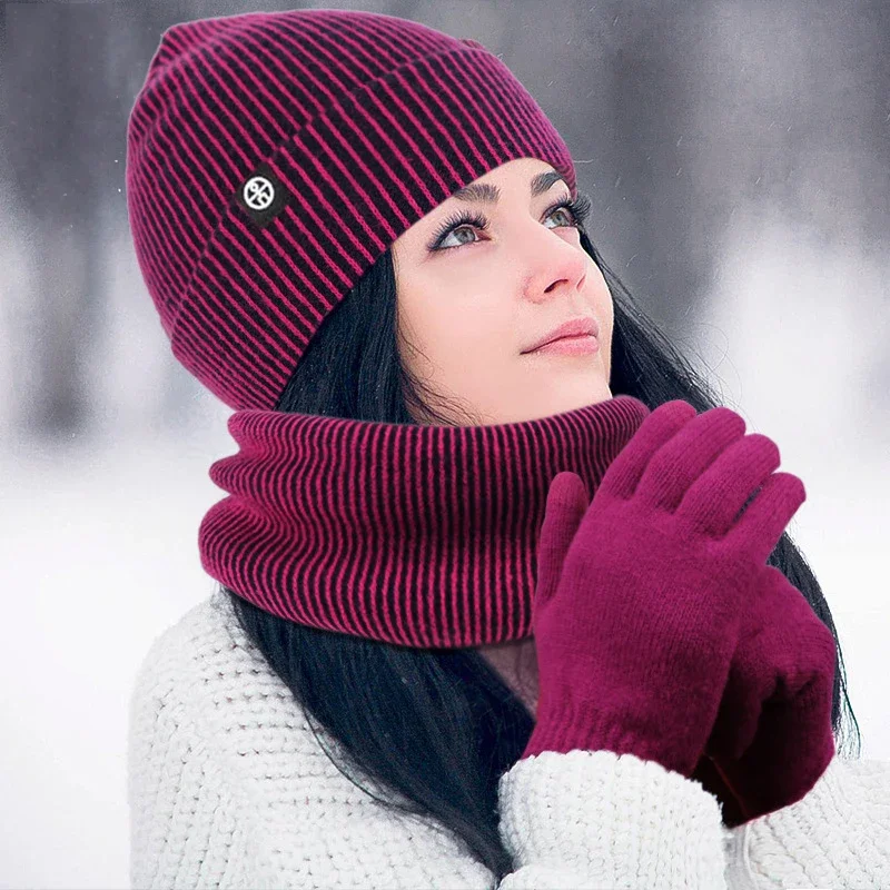 Winter Warmth Knit Hat Set Cold-Resistant Alpaca Wool Blend European American Outdoor Knitted Hat Neck Scarf Glove Trio Gift Set