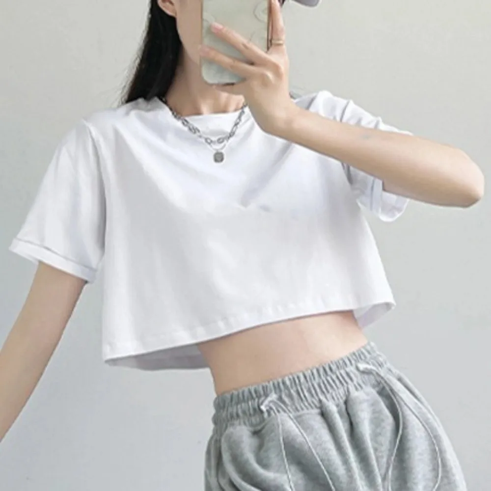 

Ins Fashion U Neck Ultra Short T-Shirt Solid Color Korean Style Korean Short Tops Basic T-shirt Tanks Black White Crop Top Dance