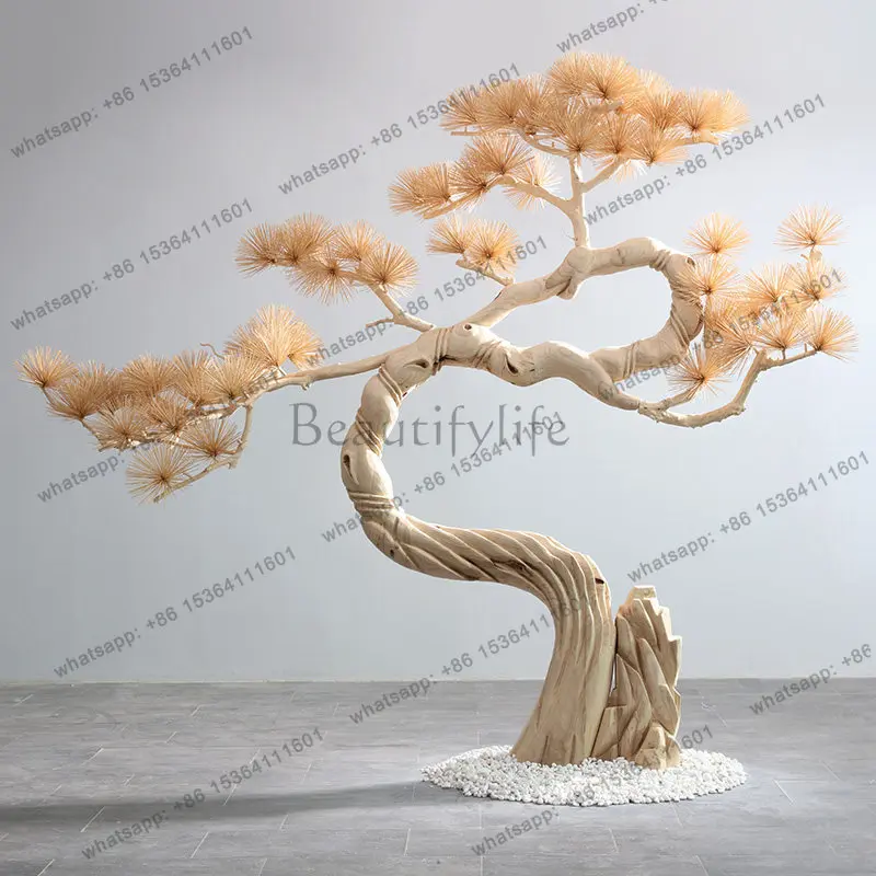 Simulated welcome pine large floor ornament solid wood carving hotel lobby soft decoration