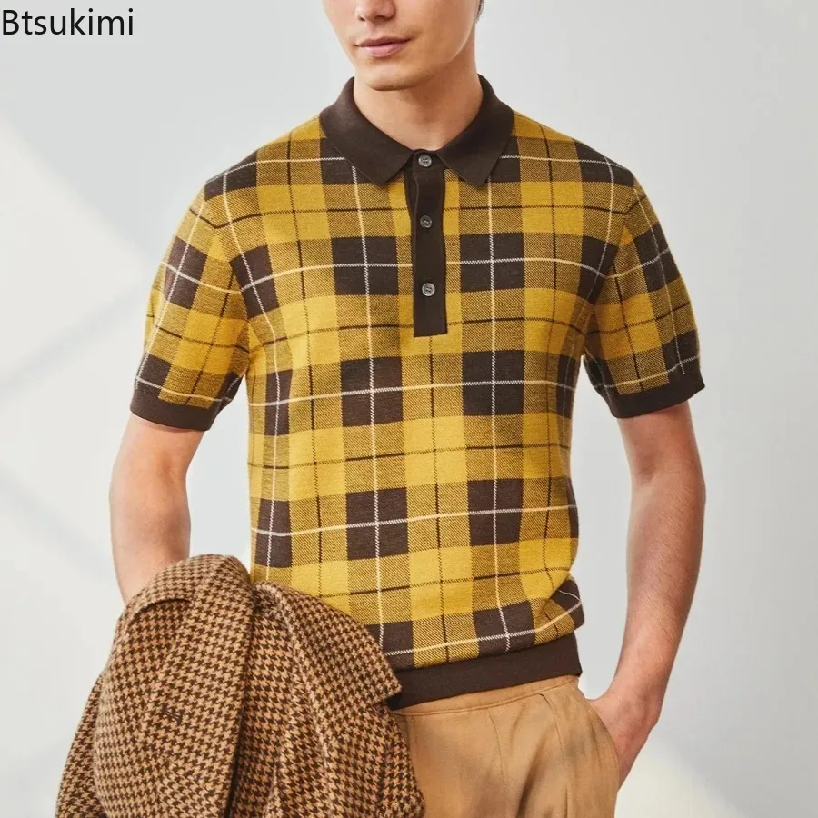 

2025 Men's Classic Plaid Knitted Jacquard Polo Shirt Summer New Men Business Casual Lapel Tops Fashion Vintage Knit T-shirt Male