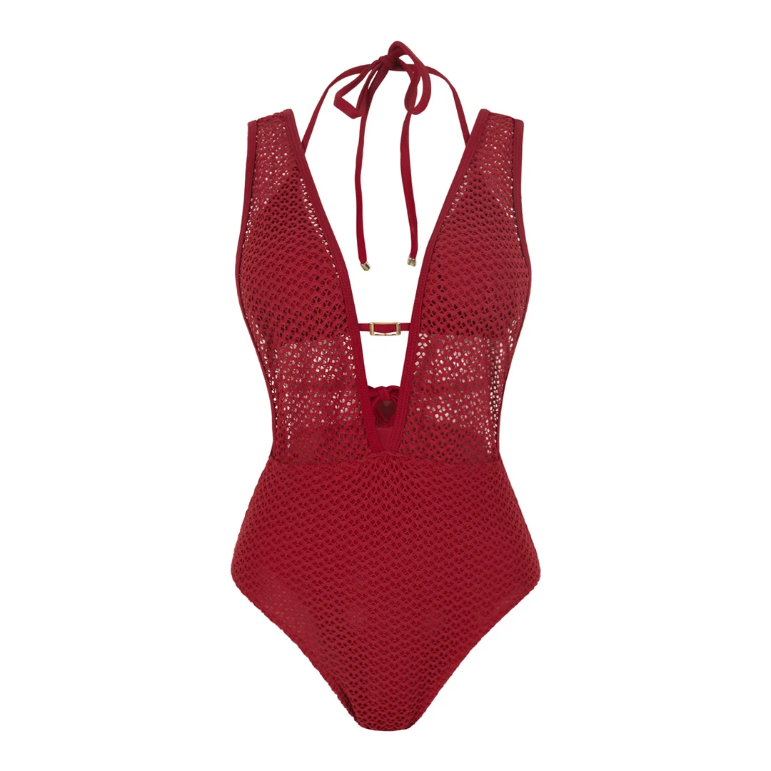 S - XL, tiefes V-Ausschnitt-Design, Strick-Fischnetz-Material, Damen-Badeanzug, einteiliger Badeanzug, Damen-Monokini, rückenfreier Badeanzug, Badebekleidung, Modell V7832. – Detail 26