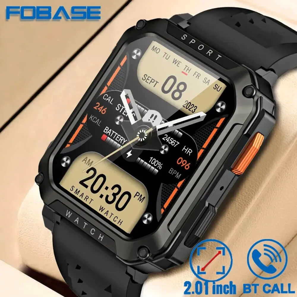 FOBASE T8 PRO 2.01 Inch Heren Ruige Militaire BT Call Smart Watch Sport Fitness Tracker Hart Monitor Voor Android IOS