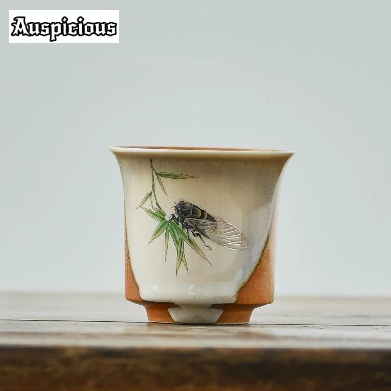 120ml Antique Soda Glazed Ceramic Teacup Coarse Pottery Large Master Cup Creative Cicada No Rains It Pours Mug Kung Fu Teaware