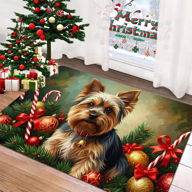 Rectangle Yorkshire Terrier Dog Christmas Print Doormat Non Slip Xmas Home Entry Mat Indoor Bedroom Holiday Decor Floor Rug