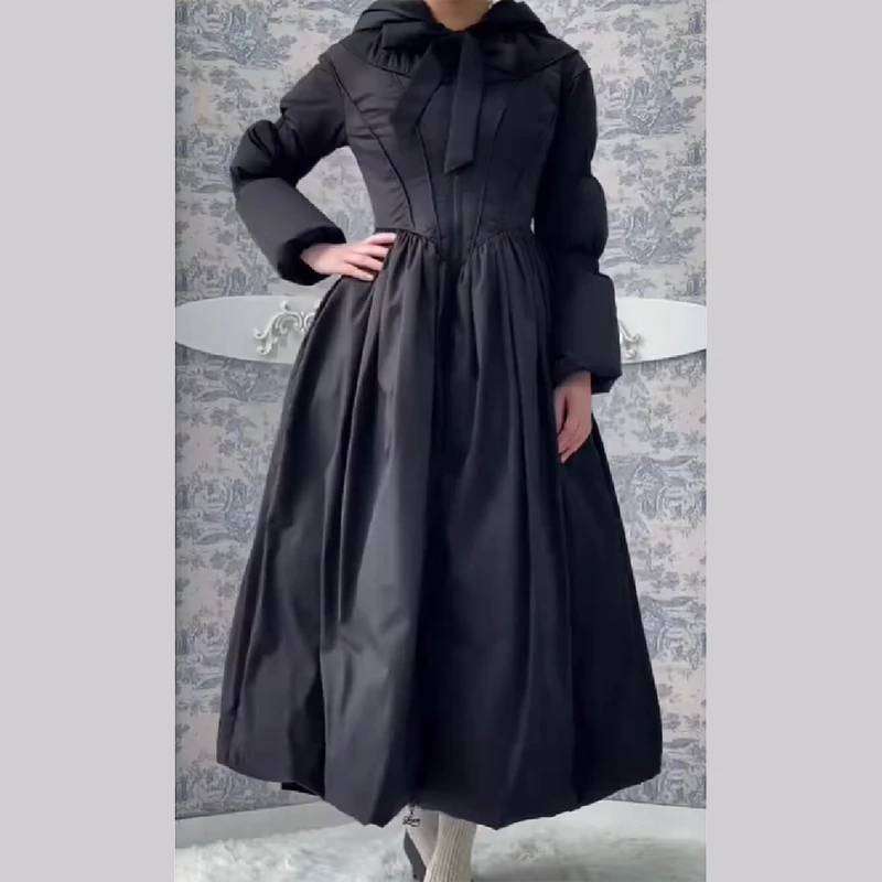 Frauen Chic Solide Maxi Kleid Puff Jacke Slim Fit S Linie Big Saum Warme Lange Roben Mantel 2026 Neue Outfit Dame high Street Outwear – Detail 8