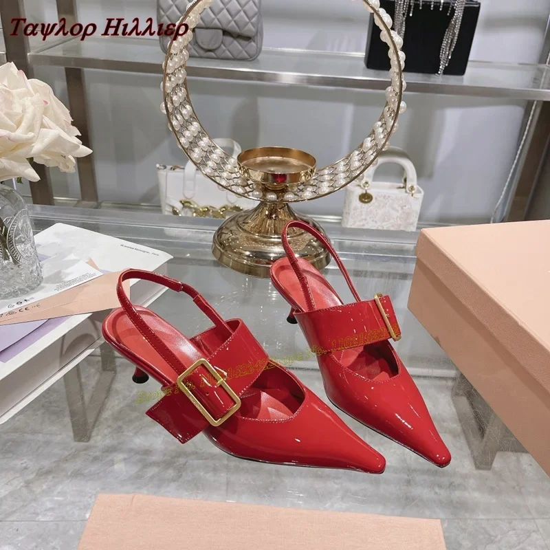

Летние новые красные римские сандалии из натуральной кожи, туфли-лодочки с острым носком и ремешком на шпильке с пряжкой, модная простая женская обувь, 40