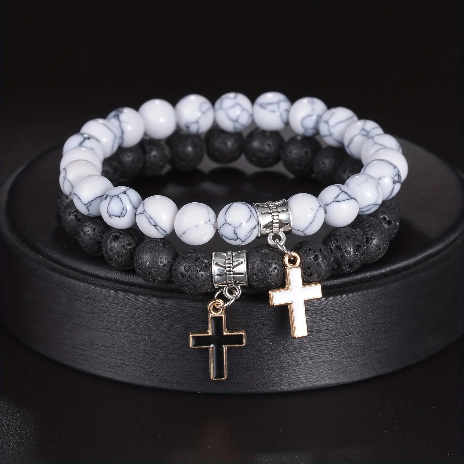 2pcs Set Trendy Nature Stone Cross Beaded Bracelets For Men Vintage White Turquoise Volcanic Stone Men’s Beaded Bracelets Gifts