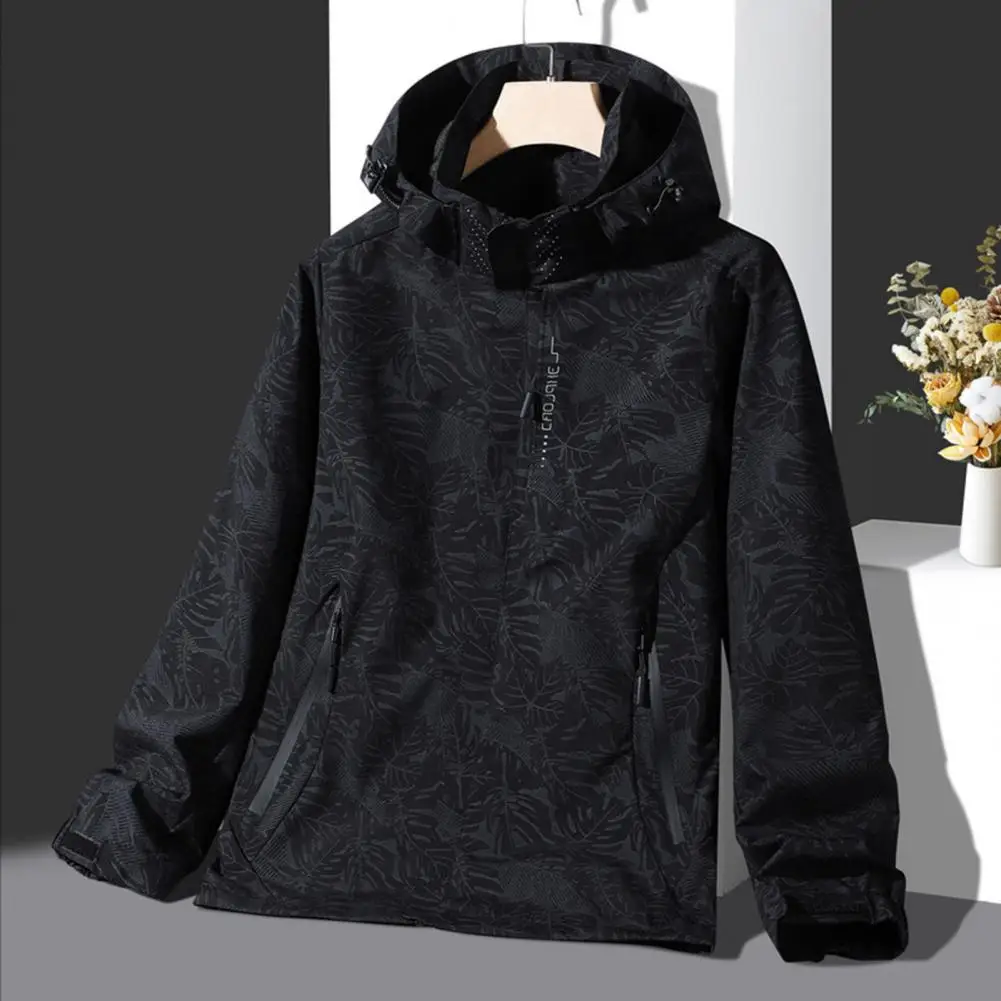 Stand-up Collar Jacket Leaf Print Waterproof Hooded Jackets for Couples Stylish Windproof Outdoor Wear for Men Women Men Printed