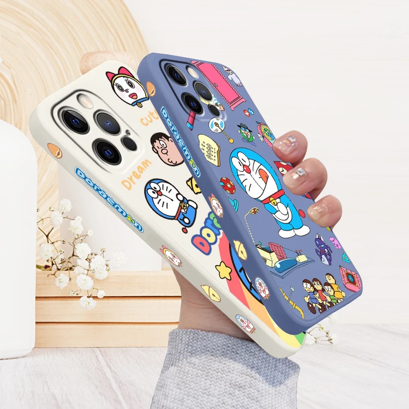 D-Dorae M-mon Cute Cartoon Liquid Left Rope For Apple iPhone 15 14 13 12 11 XS XR X 8 7 SE Pro Max Plus Mini Funda Phone Case