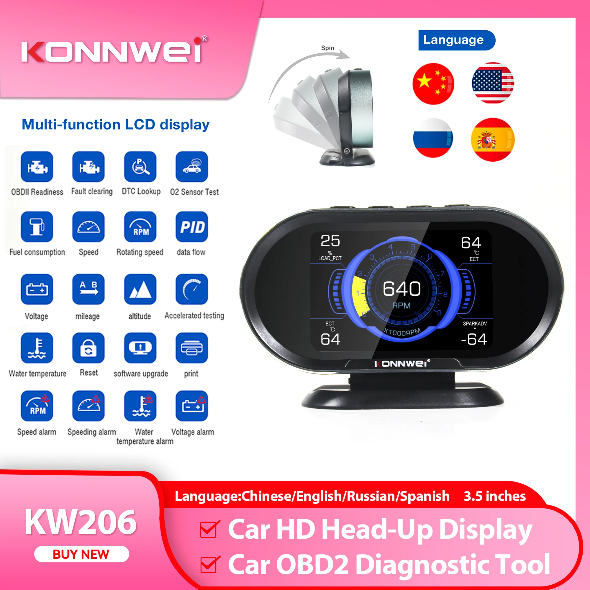 KONNWEI KW206 Car OBD2 Diagnostic Tool HUD 2in1 Fault Code Clearing 02 Sensor Test Speeding Alarm DTC Lookup Mileage Auto Tools