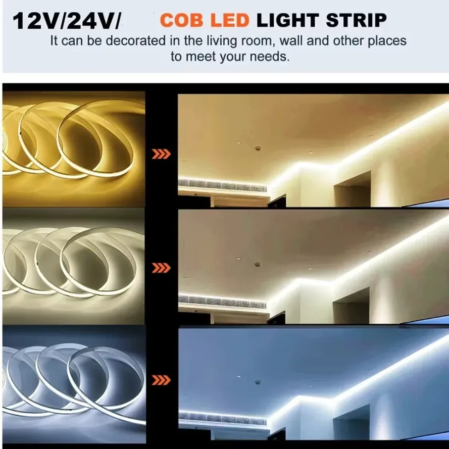 선형 조도 조절 가능 COB LED 스트립 라이트, 유연한 웜, 내추럴, 쿨 화이트, COB LED 라이트, RA90, 10m 480, 24V, 12V, 8mm