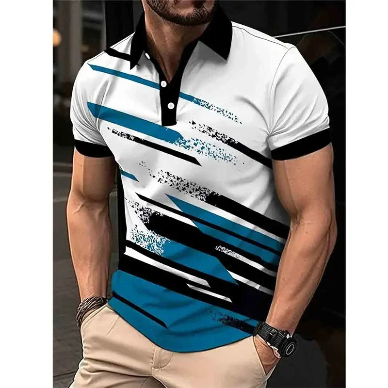 3D Printed Stripe Polo Shirt For Men Color Block Graphic T-Shirts Summer Casual Oversized Street Lapel Tops Short Sleeve Tees