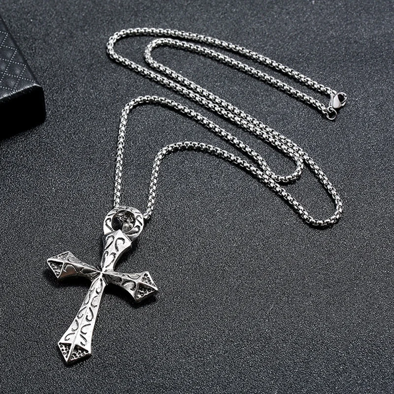 Vintage Silver Color Fashon Big Cross Necklace Pendant For Men Women Unisex Punk Jewelry Stainless Steel Chain