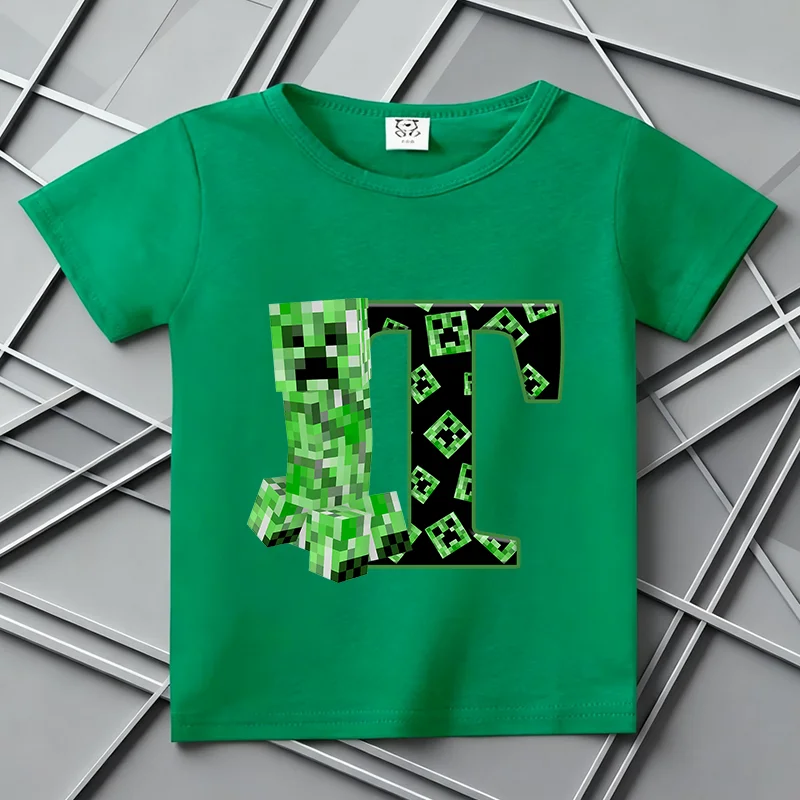 T-shirt d'été à manches courtes pour étudiant, motif pixel A-Z, vert, imprimé dessin animé, thème Mineur et Jeu, cadeau d'anniversaire amusant